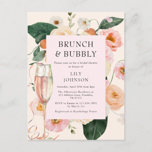 Brunch & Bubbly Bloemen Vrijgezellenfeest Uitnodiging Briefkaart (Voorkant)