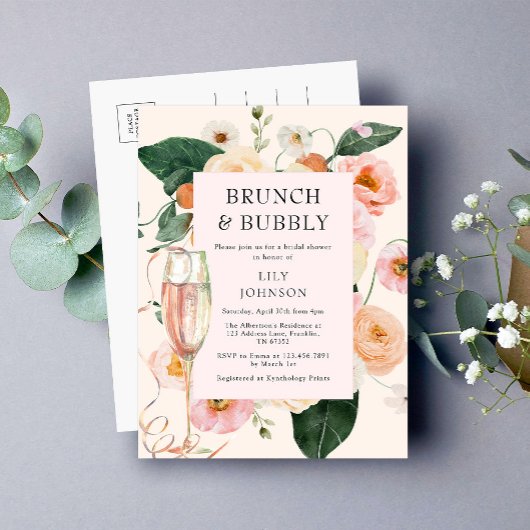 Brunch & Bubbly Bloemen Vrijgezellenfeest Uitnodiging Briefkaart