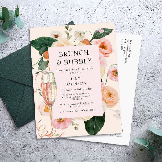 Brunch & Bubbly Bloemen Vrijgezellenfeest Uitnodiging Briefkaart