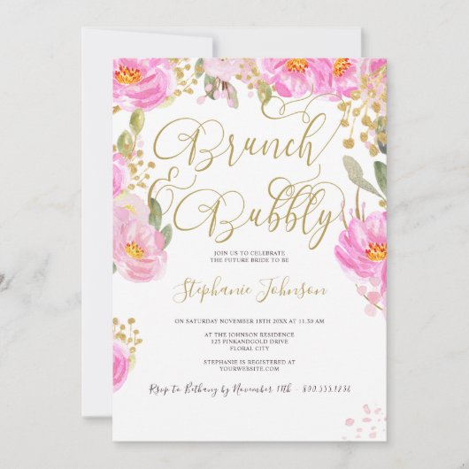 Brunch & Bubbly Bloemenroze en gouden Vrijgezellen Kaart (Voorkant)