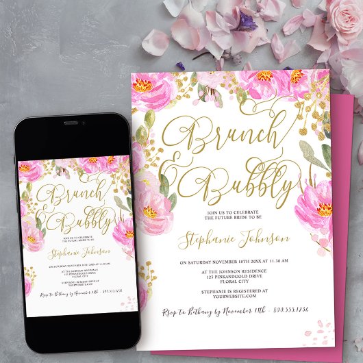 Brunch & Bubbly Bloemenroze en gouden Vrijgezellen Kaart