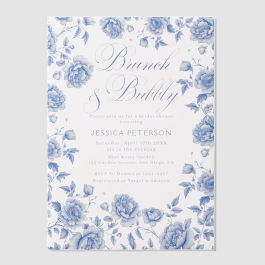 Brunch & Bubbly Blue Chinoiserie Vrijgezellenfeest Vellum Uitnodigingen (Voorkant)