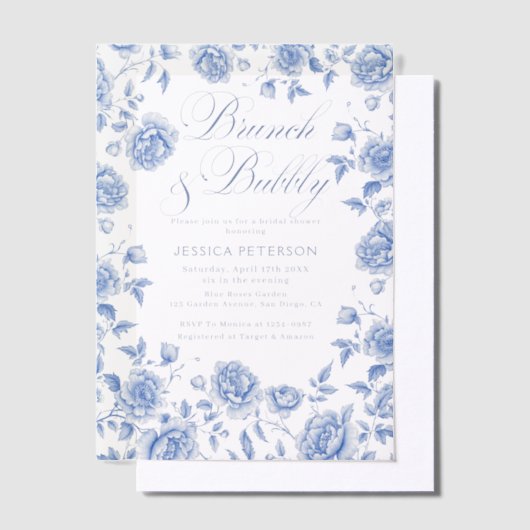Brunch & Bubbly Blue Chinoiserie Vrijgezellenfeest Vellum Uitnodigingen (Offset)