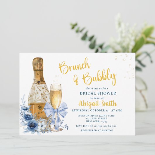 BRUNCH & BUBBLY Blue Floral Vrijgezellenfeest Kaart (Staand voorkant)