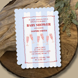 Brunch & Bubbly Blue & Red Wavy Border Baby shower Kaart