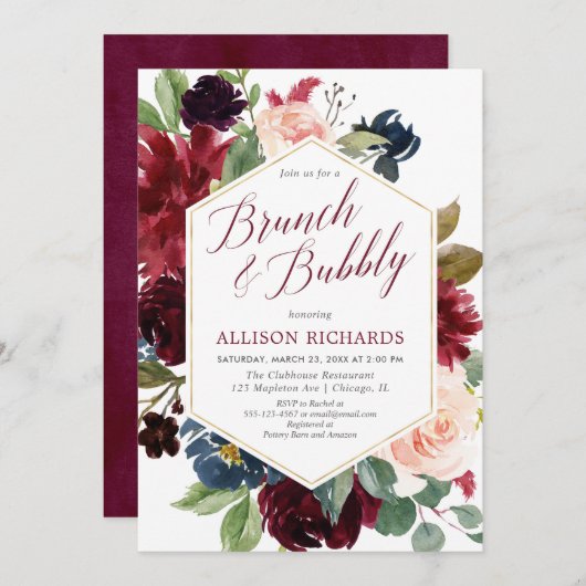 Brunch bubbly blush bogundy navy floral bridal kaart (Voorkant / Achterkant)