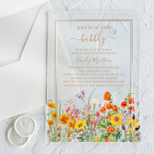 Brunch & Bubbly Boho Wilde Bloemen Bruidsfeest Acryl Uitnodigingen