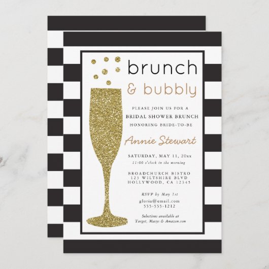 Brunch & Bubbly Bruids Douche Uitnodiging Glitter (Voorkant / Achterkant)