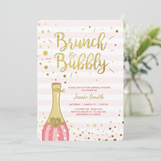 Brunch & Bubbly Bruids douche uitnodiging Pink Gol (Staand voorkant)