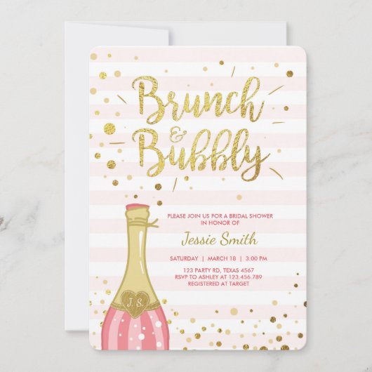 Brunch & Bubbly Bruids douche uitnodiging Pink Gol (Voorkant)