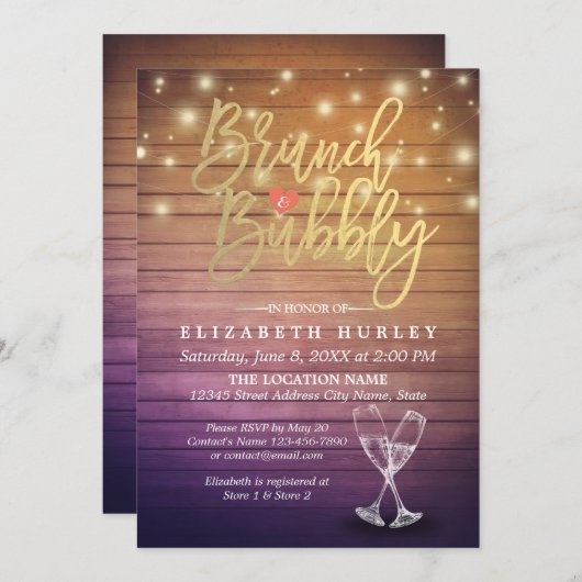 Brunch & Bubbly Bruiloftsfeest Champagne Glas Hout Kaart (Voorkant / Achterkant)