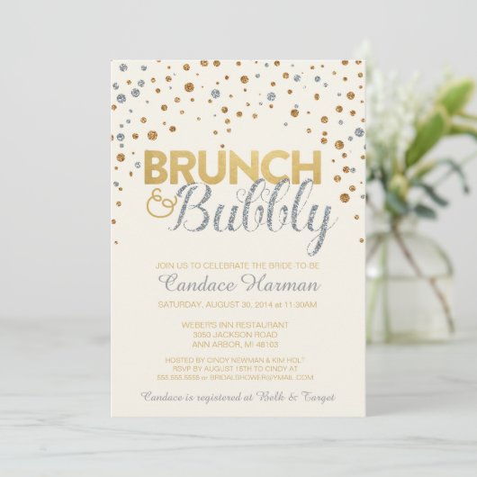 Brunch & Bubbly Glitter Bruids Douche Uitnodiging (Staand voorkant)