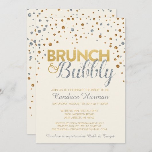 Brunch & Bubbly Glitter Bruids Douche Uitnodiging (Voorkant / Achterkant)