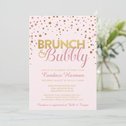 Brunch & Bubbly Glitter Bruids Douche Uitnodiging (Staand voorkant)