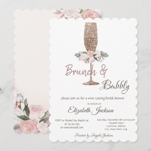 Brunch & Bubbly Glitter Wijn Glas Bruidsfeest Kaart (Voorkant / Achterkant)