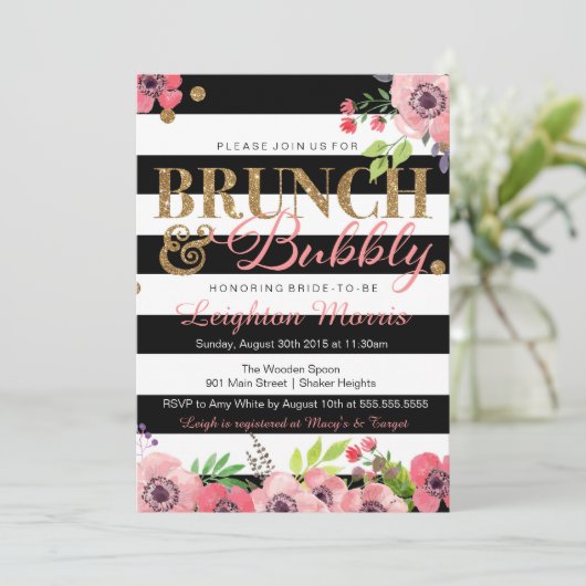 Brunch & Bubbly Glitter Zwart Wit Vrijgezellenfees Kaart (Staand voorkant)