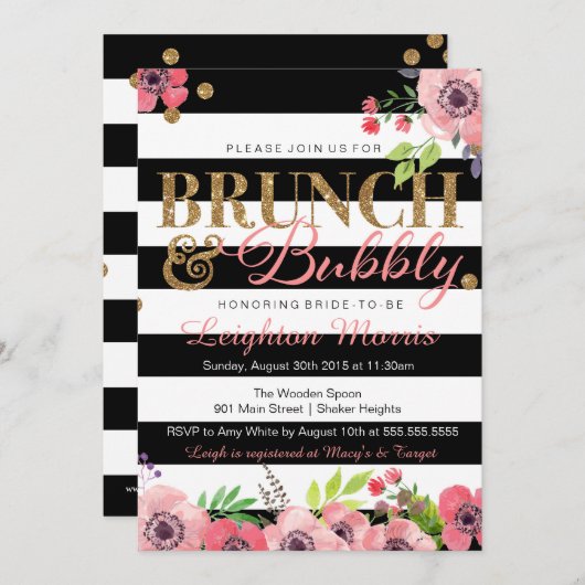 Brunch & Bubbly Glitter Zwart Wit Vrijgezellenfees Kaart (Voorkant / Achterkant)