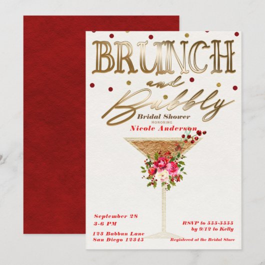 Brunch & Bubbly Gouden Rode Bruilofts Bruidsshower Kaart (Voorkant / Achterkant)
