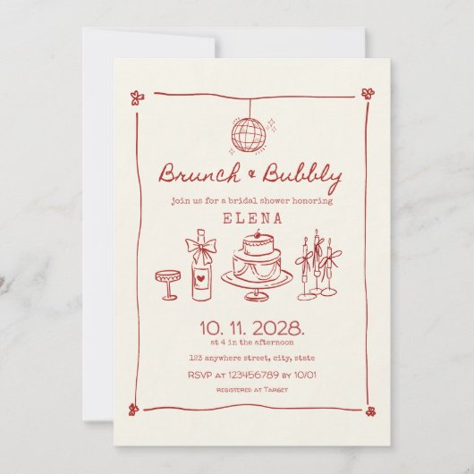 Brunch & Bubbly Hand getekend rood Vrijgezellenfee Kaart (Voorkant)