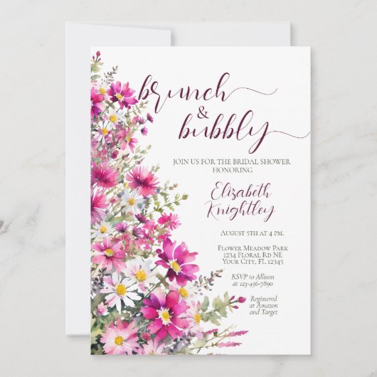 Brunch & Bubbly Helder Roze Bloemen Vrijgezellenfe Kaart (Voorkant)