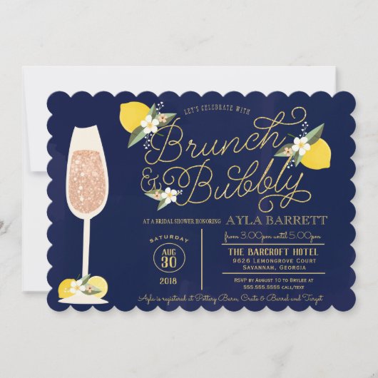 Brunch & Bubbly Lemon Gold Navy Blauw Vrijgezellen Kaart (Voorkant)