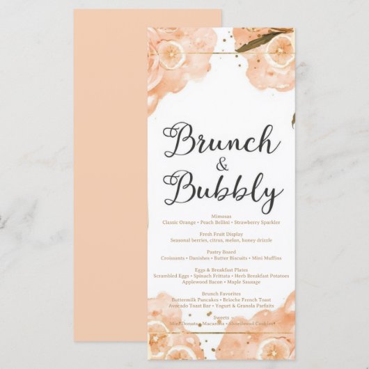 Brunch & Bubbly Menu Card – Peach Watercolor (Voorkant / Achterkant)