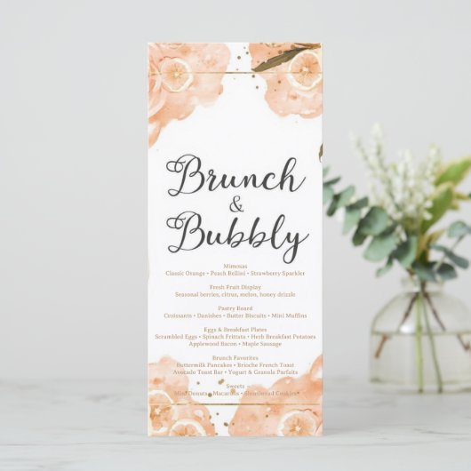 Brunch & Bubbly Menu Card – Peach Watercolor (Staand voorkant)