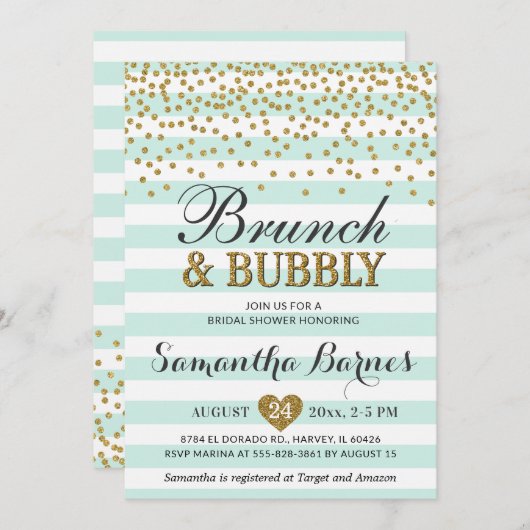 Brunch Bubbly Mint Groen Goud Vrijgezellenfeest St Kaart (Voorkant / Achterkant)