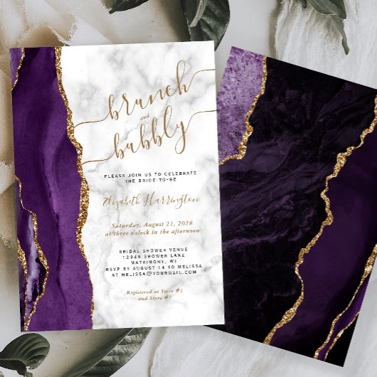 Brunch & Bubbly Paarse Goud Agate Bruiloftsborrel Kaart