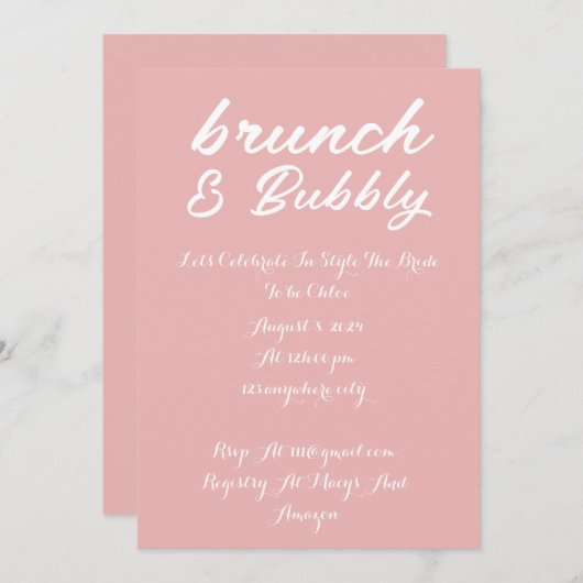 BRUNCH & BUBBLY PINKBRIDAL DOUCHE UITNODIGING ROZE (Voorkant / Achterkant)
