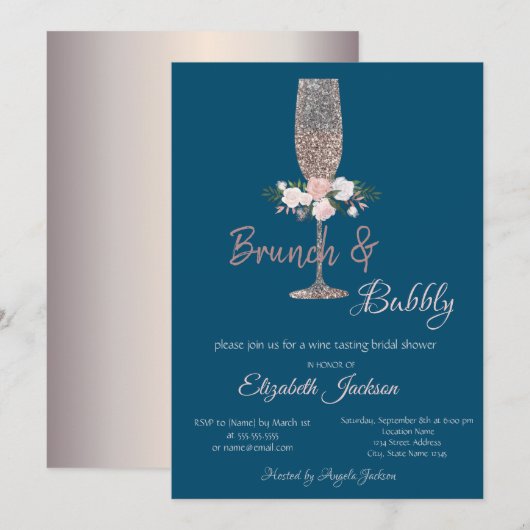 Brunch & Bubbly Rose Goud Bruiloftsborrel Kaart (Voorkant / Achterkant)