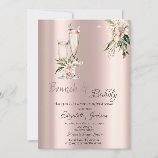 Brunch & Bubbly Roze Bloemen Drips Bruidsfeest Kaart (Voorkant)