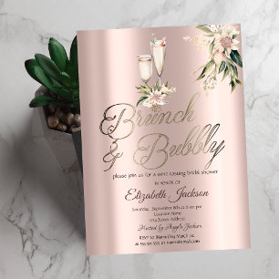Brunch & Bubbly Roze Bloemen Wijn Bruidsdiner Kaart