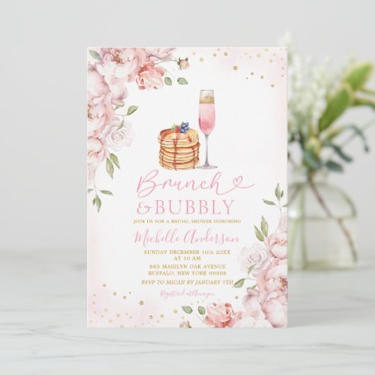 Brunch & Bubbly Roze Bloemrijke Wijn Vrijgezellenf Kaart (Staand voorkant)