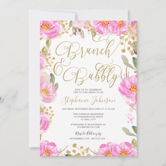 Brunch & Bubbly Roze en Goud Bloemen Vrijgezellenf Kaart (Voorkant)