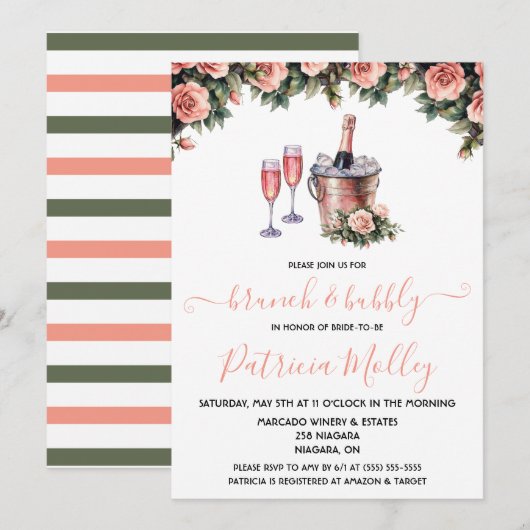 Brunch & Bubbly, Roze & Groene Rozen, Vrijgezellen Kaart (Voorkant / Achterkant)