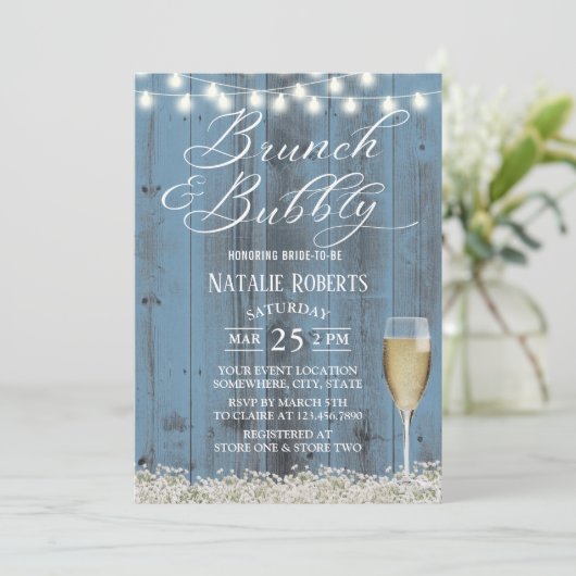 Brunch & Bubbly Rustieke Stofblauwe Bruiloftsdans Kaart (Staand voorkant)