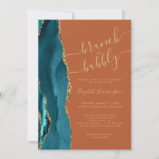 Brunch & Bubbly Teal Agate Roest-Bruiloftsuitnodig Kaart (Voorkant)