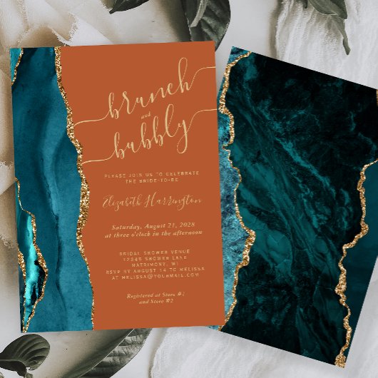 Brunch & Bubbly Teal Agate Roest-Bruiloftsuitnodig Kaart