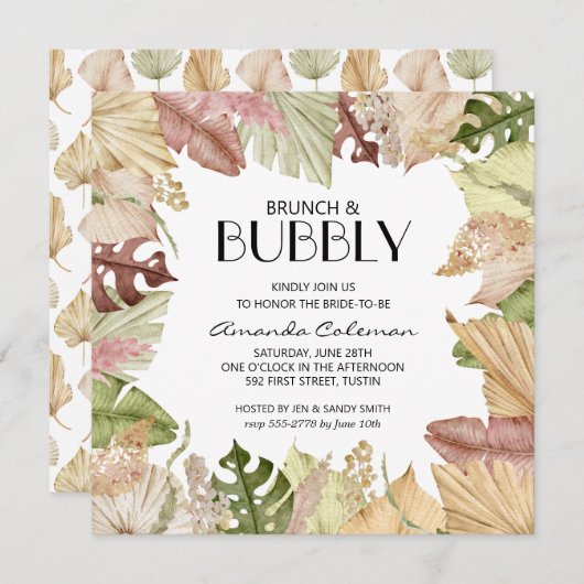 Brunch Bubbly Tropical Leaves Vrijgezellenfeest Kaart (Voorkant / Achterkant)