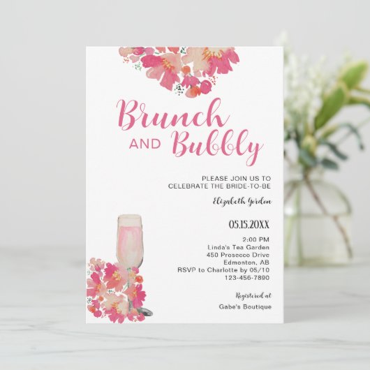 Brunch & Bubbly Vrijgezellenfeest Bloemen Roze Chi Kaart (Staand voorkant)