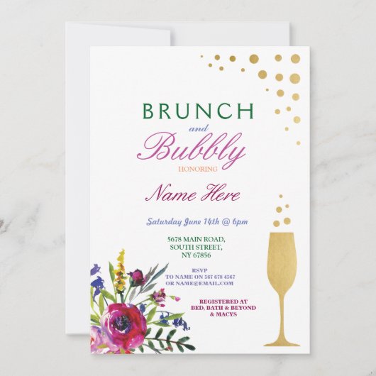 Brunch & Bubbly Vrijgezellenfeest Bloemen Uitnodig Kaart (Voorkant)
