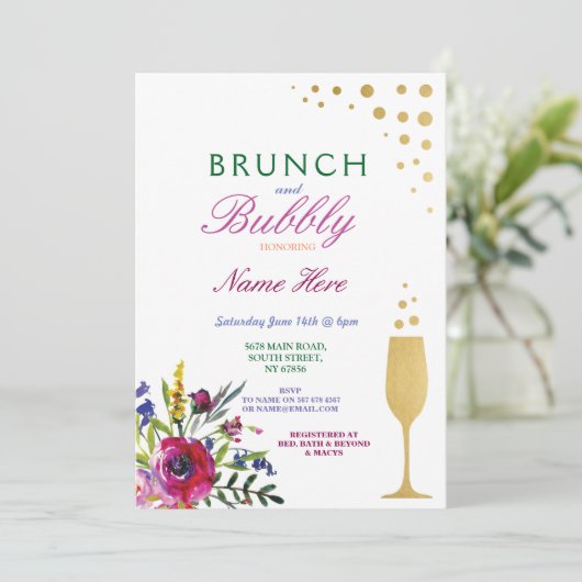 Brunch & Bubbly Vrijgezellenfeest Bloemen Uitnodig Kaart (Staand voorkant)