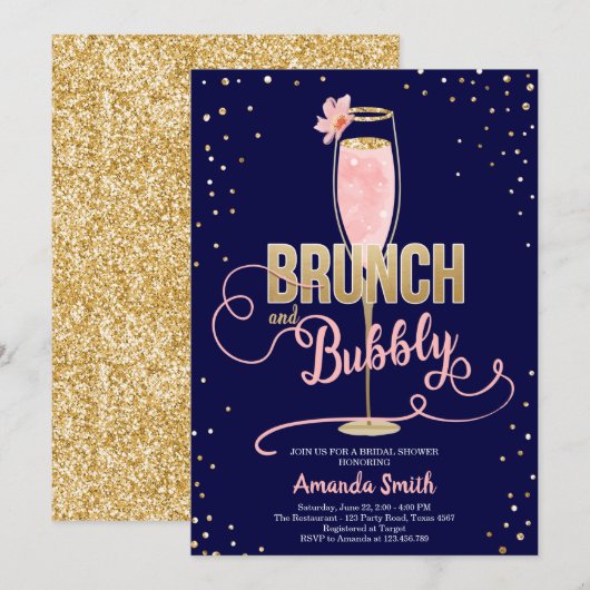 Brunch & Bubbly Vrijgezellenfeest Blush Gold Champ Kaart (Voorkant / Achterkant)