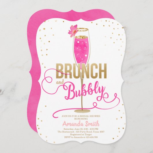 Brunch & Bubbly Vrijgezellenfeest Hot Pink Champag Kaart (Voorkant / Achterkant)
