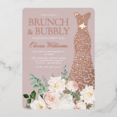 Brunch & Bubbly Vrijgezellenfeest Jurk Roos Goud Folie Uitnodiging (Voorkant)