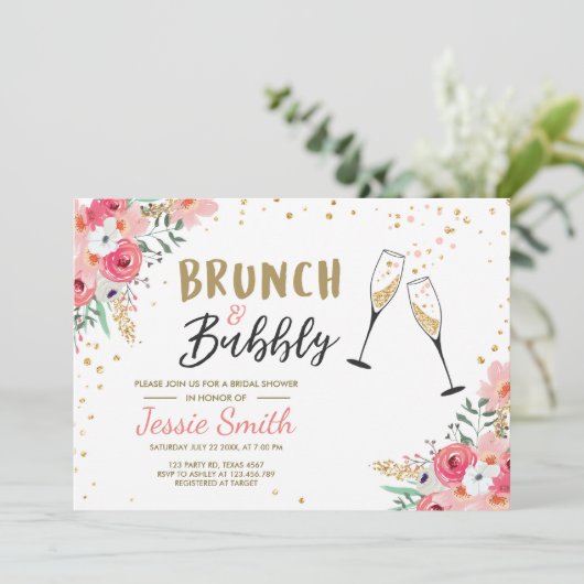 Brunch & Bubbly Vrijgezellenfeest Roze Gouden Cham Kaart (Staand voorkant)
