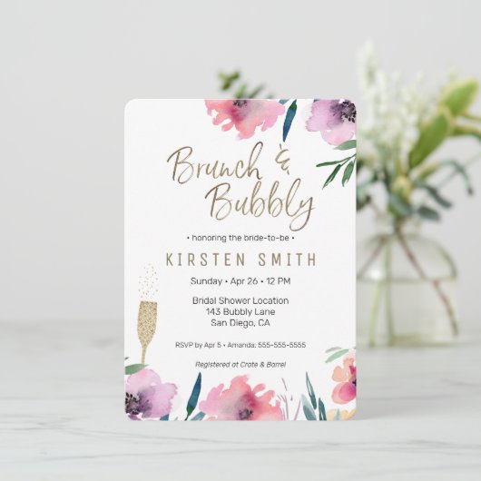 Brunch & Bubbly Watercolor Bloem Bruidsfeest Kaart (Staand voorkant)