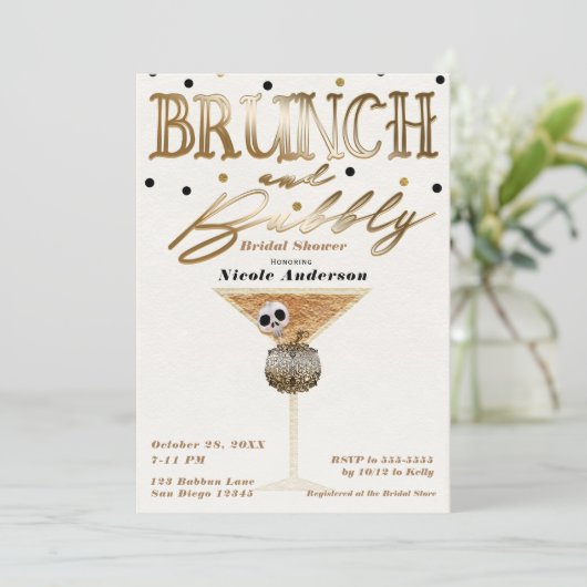 Brunch & Bubbly Wijn Gouden Halloween Bruidsdouche Kaart (Staand voorkant)