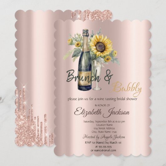 Brunch & Bubbly Zonnebloemen, Glas Vrijgezellenfee Kaart (Voorkant / Achterkant)